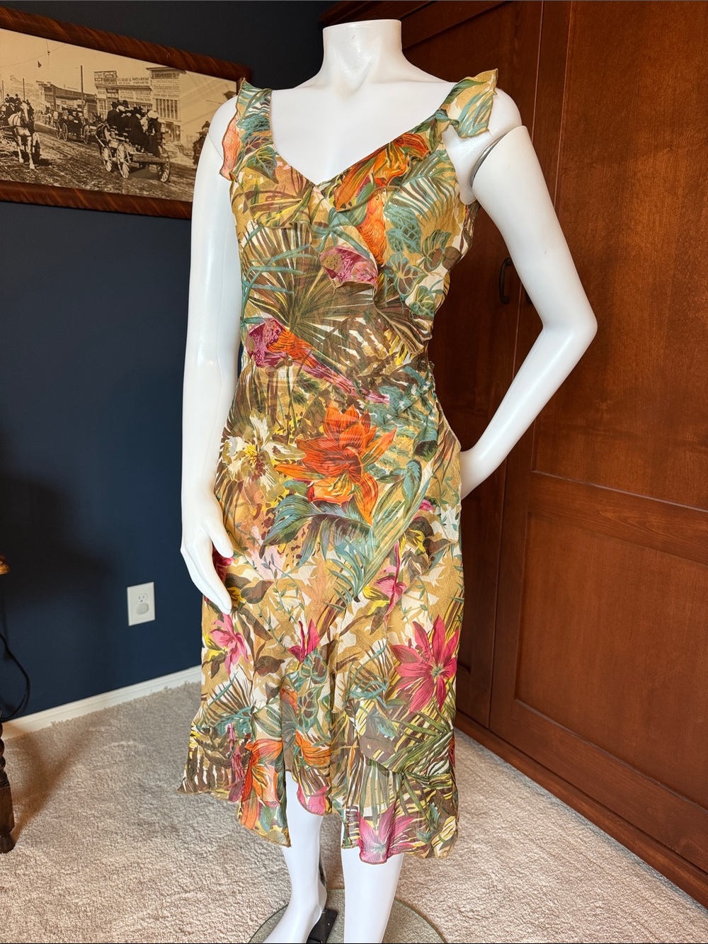 Tropical Floral Ruffle Midi Dress